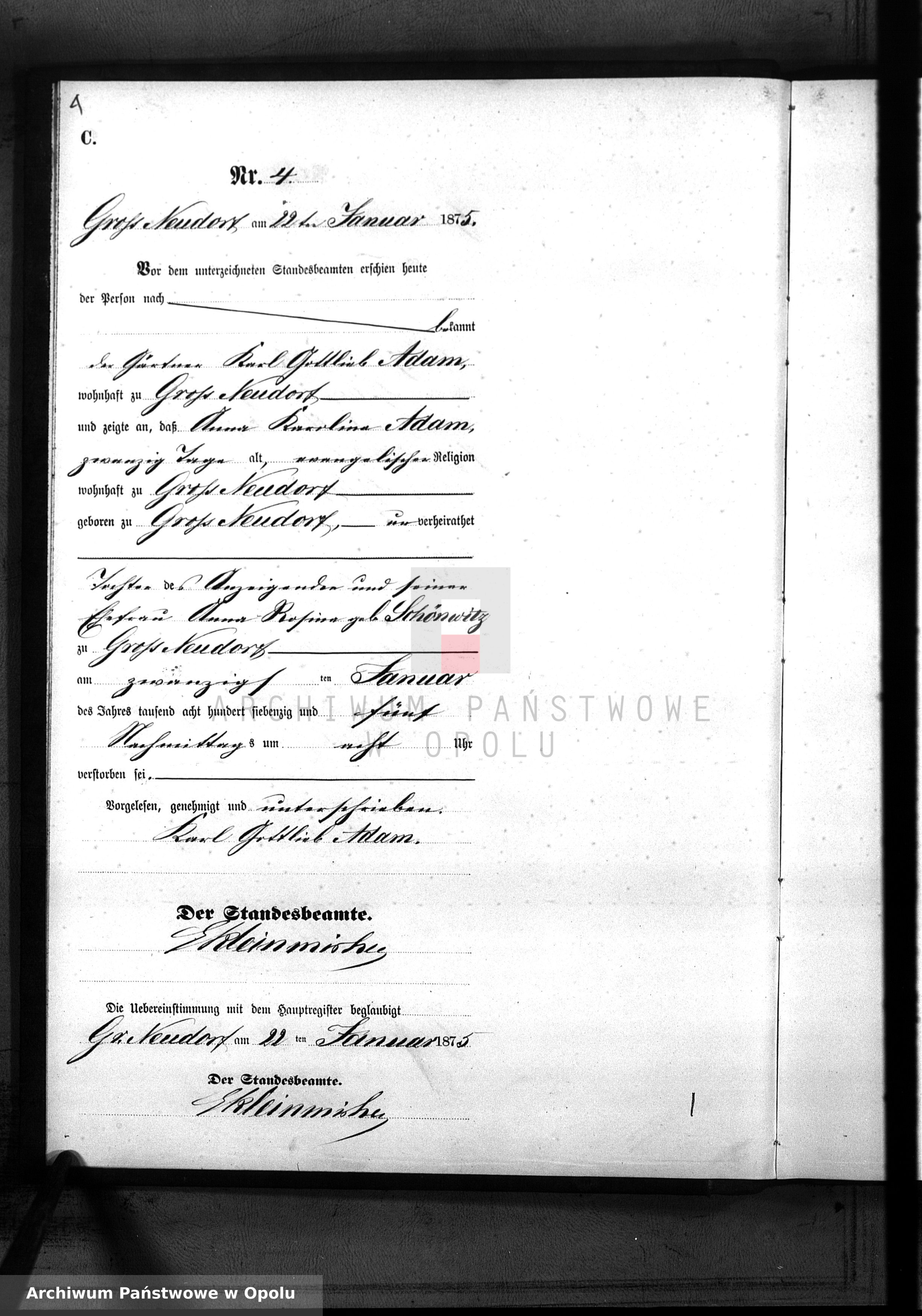 Skan z jednostki: Sterbe-Neben-Register Standesamt Gross Neudorf 1875
