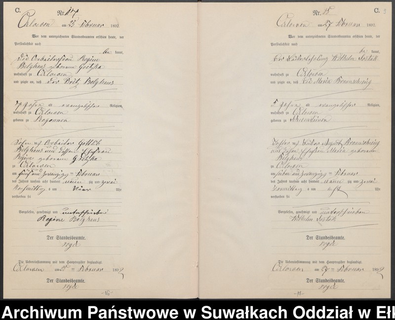 image.from.unit.number "Sterbe-Neben-Register des Preussischen Standes-Amtes Orlowen Kreis Loetzen für das Jahr 1892"