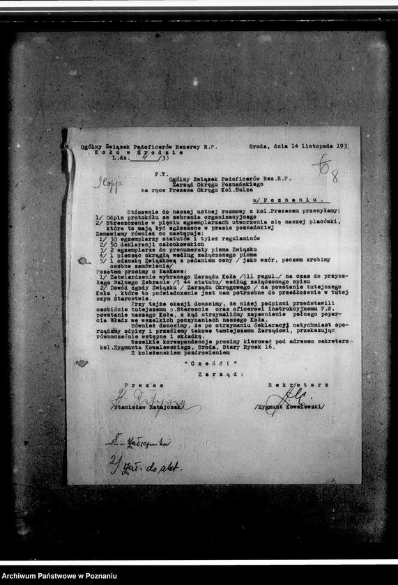 Obraz 12 z jednostki "Korespondencja Związku- Koło w Środzie dotycząca ewidencji członków, zaproszenia, komunikaty zawiadamiające o zebraniach, poświadczenia o przynależności. Karty przedstawionych do odznaczeń"