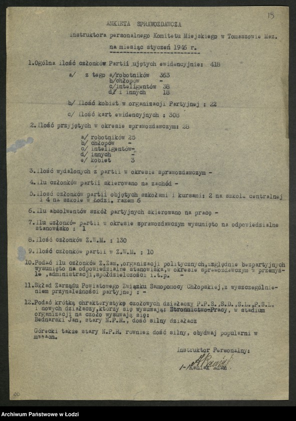 Obraz 20 z jednostki "Ankiety sprawozdawcze instruktora Komitetu Miejskiego Tomaszów Mazowiecki [z załącznikami]"