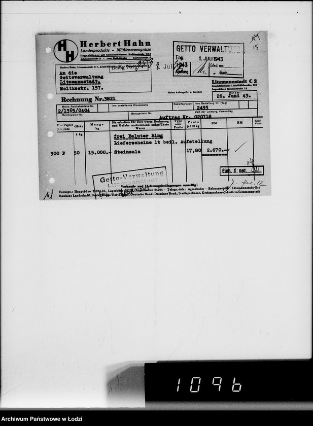 Obraz 19 z jednostki "Lebensmitteleinkauf, Aufträge, [Lieferscheinen und Rechnungen] 20461-20720"