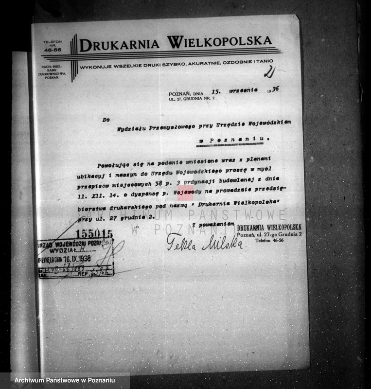 Obraz 6 z jednostki "Zatwierdzenie zakładu przemysłowego /Drukarni Wielkopolskiej/ dr Edward Schechtel spadkobierca Milskich w Poznaniu"