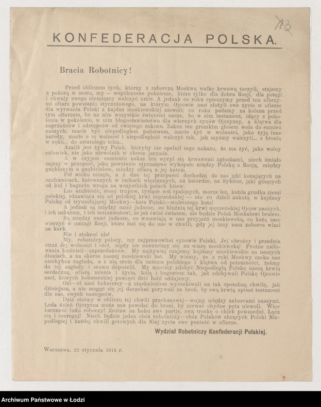 Obraz 1 z jednostki "[Ulotka Konfederacji Polskiej wzywająca do walki o niepodległość]"