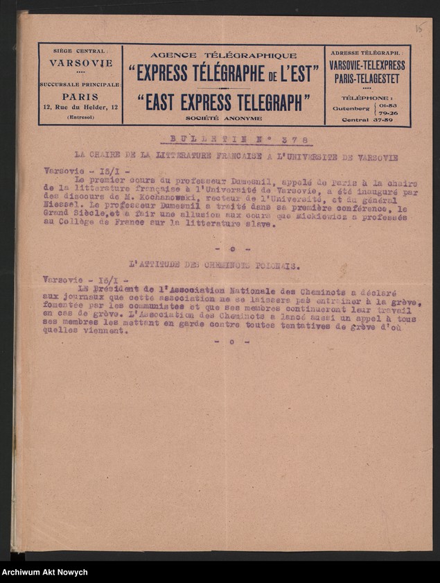 Obraz 17 z jednostki "Agence Télégraphique "Express Télégraphe de l