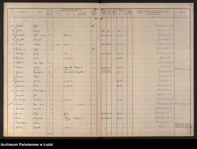 Obraz 10 z jednostki "Księga kontroli ruchu ludności (rejestr osób opuszczających gminę) Łódź, zespół III, lit. H, I, J, L, Ł"