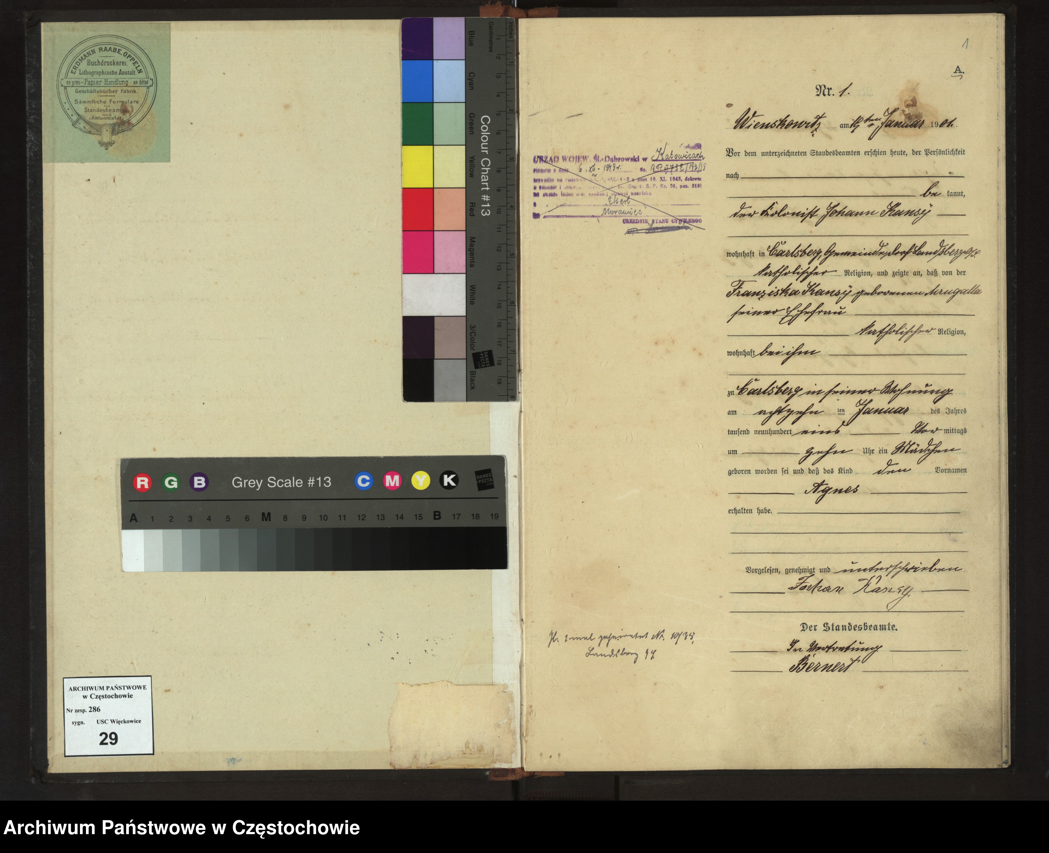 Skan z jednostki: Geburts - Haupt - Register des Koniglich Preussiechen Standesamts Wienskowitz  im Kreise Rosenberg o/ S. pro 1901.