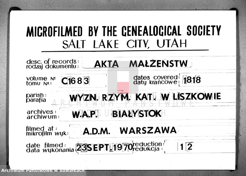 Obraz 1 z jednostki "Księga Aktów Zaślubionych Urzędnika Stanu Cywilnego Gminy Liszkowskiey od 1- go stycznia 1818 roku"