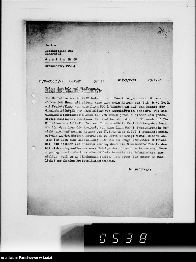 Obraz 10 z jednostki "Spezialbenzin- Kontingent für Gummimäntelfabrikation im Getto"