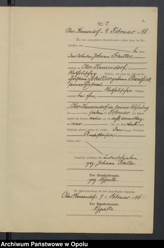 Obraz 11 z jednostki "Geburts-Neben-Register Standesamts Kunzendorf pro 1898"