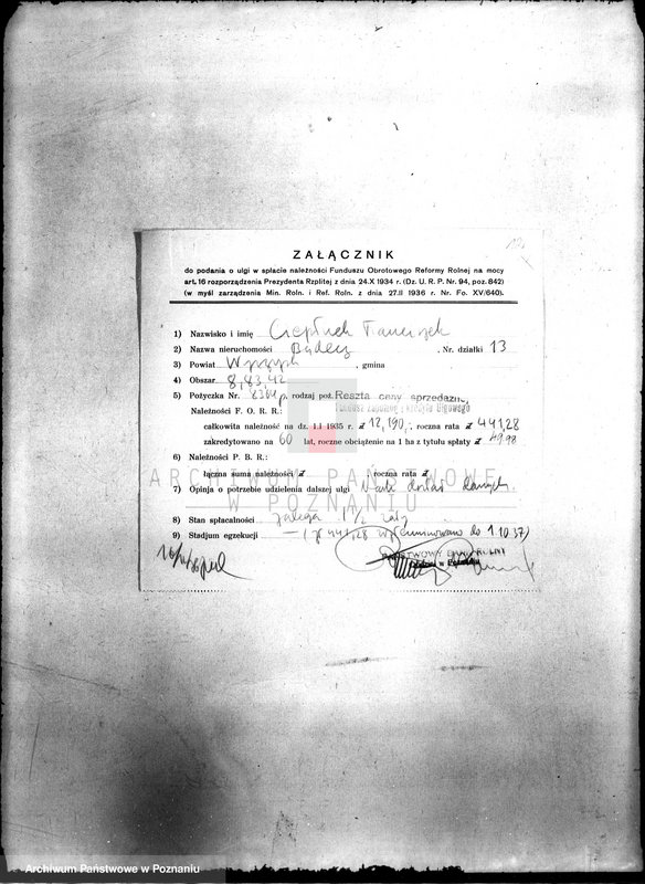 Obraz 16 z jednostki "/Podania rolników o ulgi w spłacie należności Funduszu Obrotowego Funduszu Obrotowego Reformy Rolnej z terenu powiatu wyrzyskiego"