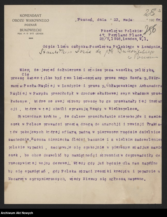 image.from.unit.number "Bukowiecki Mieczysław, pułkownik.  Położenie ziemiaństwa na terenach b. zaboru pruskiego w okresie kryzysu. Podziękowanie za przesłanie książki. Opinia pracownika poselstwa RP w Londynie Stanisława Łosia o zadowoleniu Niemiec z powodu zaburzeń w Polsce w okresie zamachu majowego."