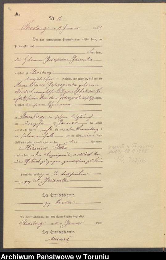 image.from.unit.number "Geburts-Neben-Register Strasburg W/Pr. für das Jahr 1889"