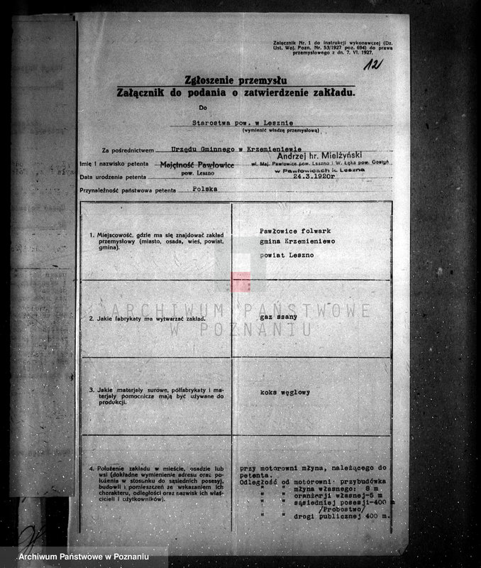 Obraz 17 z jednostki "Zatwierdzenie zakładu przemysłowego - kotłowni w maj. Pawłowice -A. Mielżyńskiego pow. leszczyński"