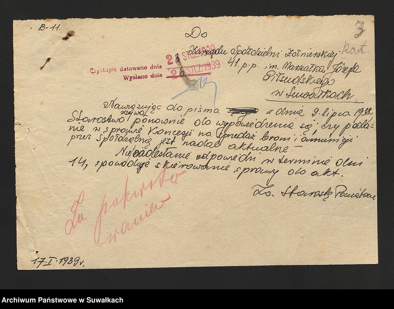 image.from.unit.number "[Korespondencja w sprawie sprzedaży broni przez Spółdzielnię Żołnierską 41 Suwalskiego Pułku Piechoty im. Marszałka Józefa Piłsudskiego w Suwałkach.]"