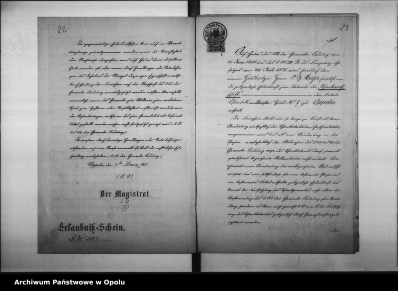 Obraz 20 z jednostki "Acta des Magistrats zu Oppeln betreffend den Wein - Bier - Ausschank im Hause No 7 Ostrowek durch F.B. Meyer Vol. I"