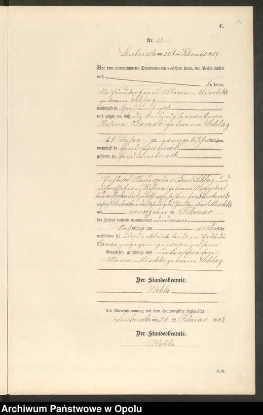 image.from.unit.number "Sterbe-Register (Neben-Register) Standesamt Leubusch 1909"