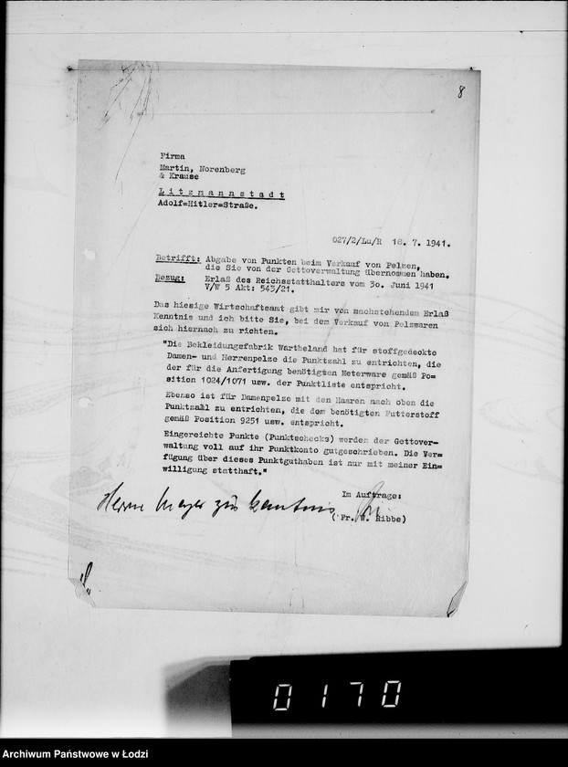 Obraz 12 z jednostki "Pelzabteilung. Warenverwertung an firma Martin Norenberg u.Krause Litzmannstadt"