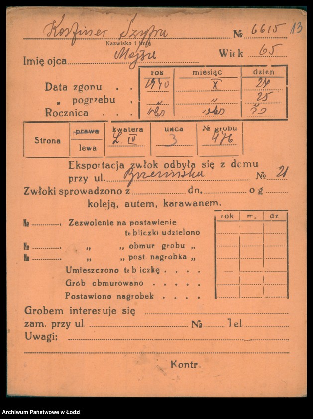 Obraz 14 z jednostki "Kartoteka osób pochowanych na cmentarzu żydowskim przy ulicy Brackiej w latach 1892-1959. Nazwiska na litery: Kos-Kra"