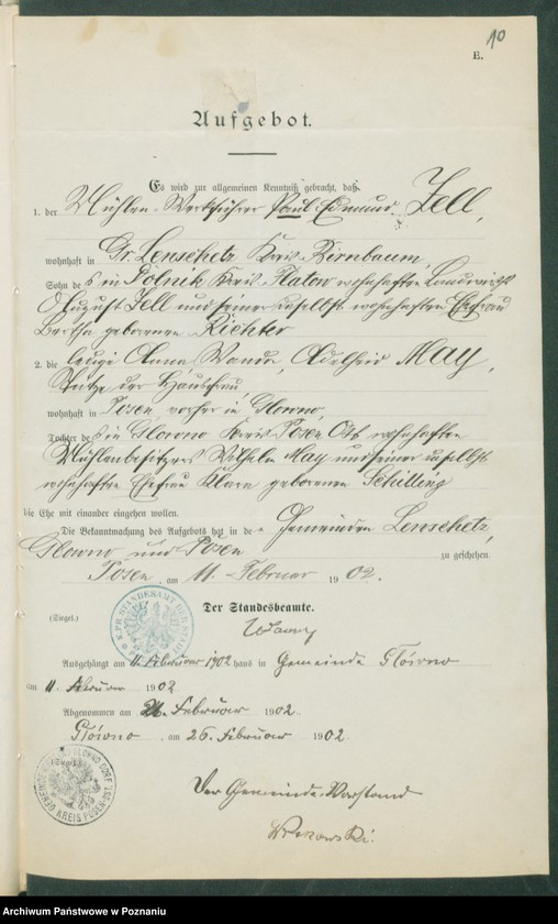 Obraz 12 z jednostki "[Dokumenty dostarczone przez narzeczonych do zawarcia związku małżeńskiego za 1902 rok. Tom IV]"