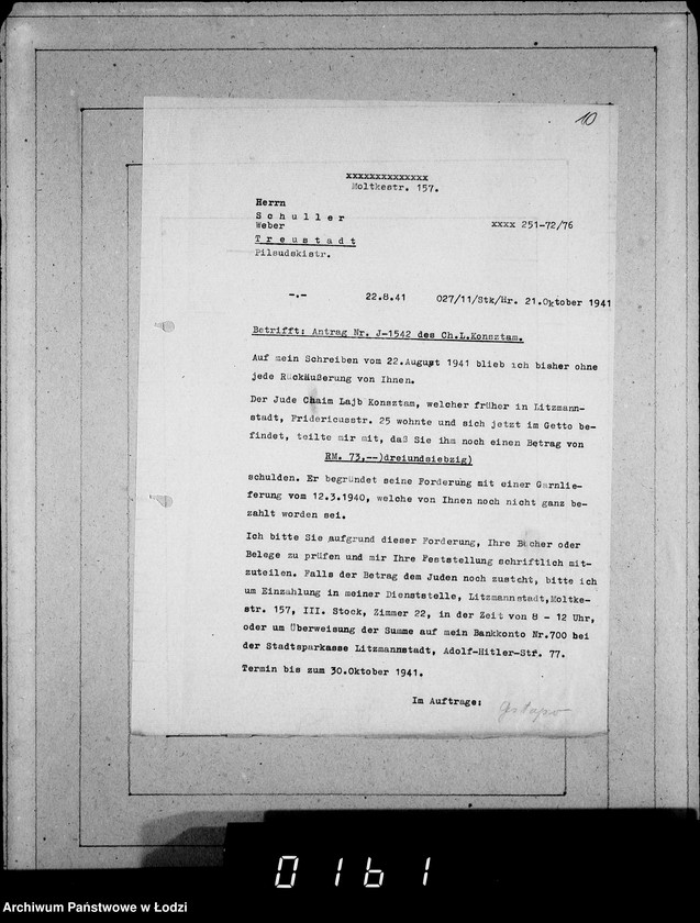 Obraz 14 z jednostki "J 1541-1560 [Wnioski Żydów z Getta o zwrot należności za towar wzięty na kredyt]"