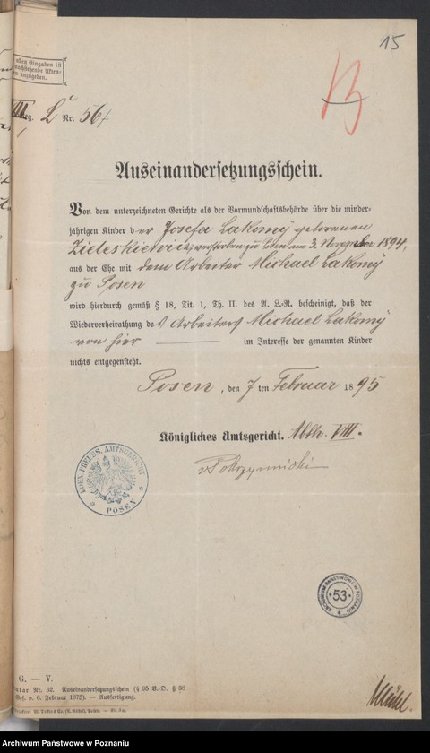 Obraz 17 z jednostki "Die von den Verlobten beigebrachten Urkunden zur Eheschliessung pro 1895"