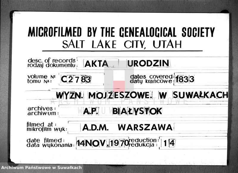 image.from.unit.number "Duplikat Akta Urzędnika Stanu Cwilnego Wyznania Moyżeszowego Okręgu Suwalskiego i Jeleniewskiego Urodzonych z roku 1833"