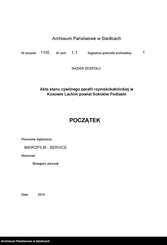 Obraz z zespołu "Akta stanu cywilnego parafii rzymskokatolickiej w Kosowie Lackim powiat Sokołów Podlaski"