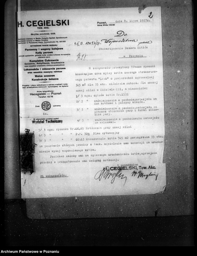 image.from.unit.number "Zakłady Przemysłowe Budowy Maszyn H. Cegielski Poznań - G. Wilda nr woj. kotła 5973"