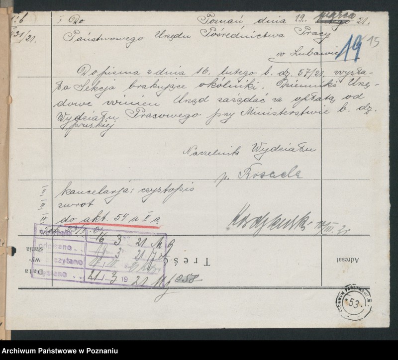 Obraz 12 z jednostki "Ministerstwo B.Dz.Pruskiej Dep.13.Pracy i Opieki Społecznej Wydział Pośredn.Pracy PUPP Lubawa"