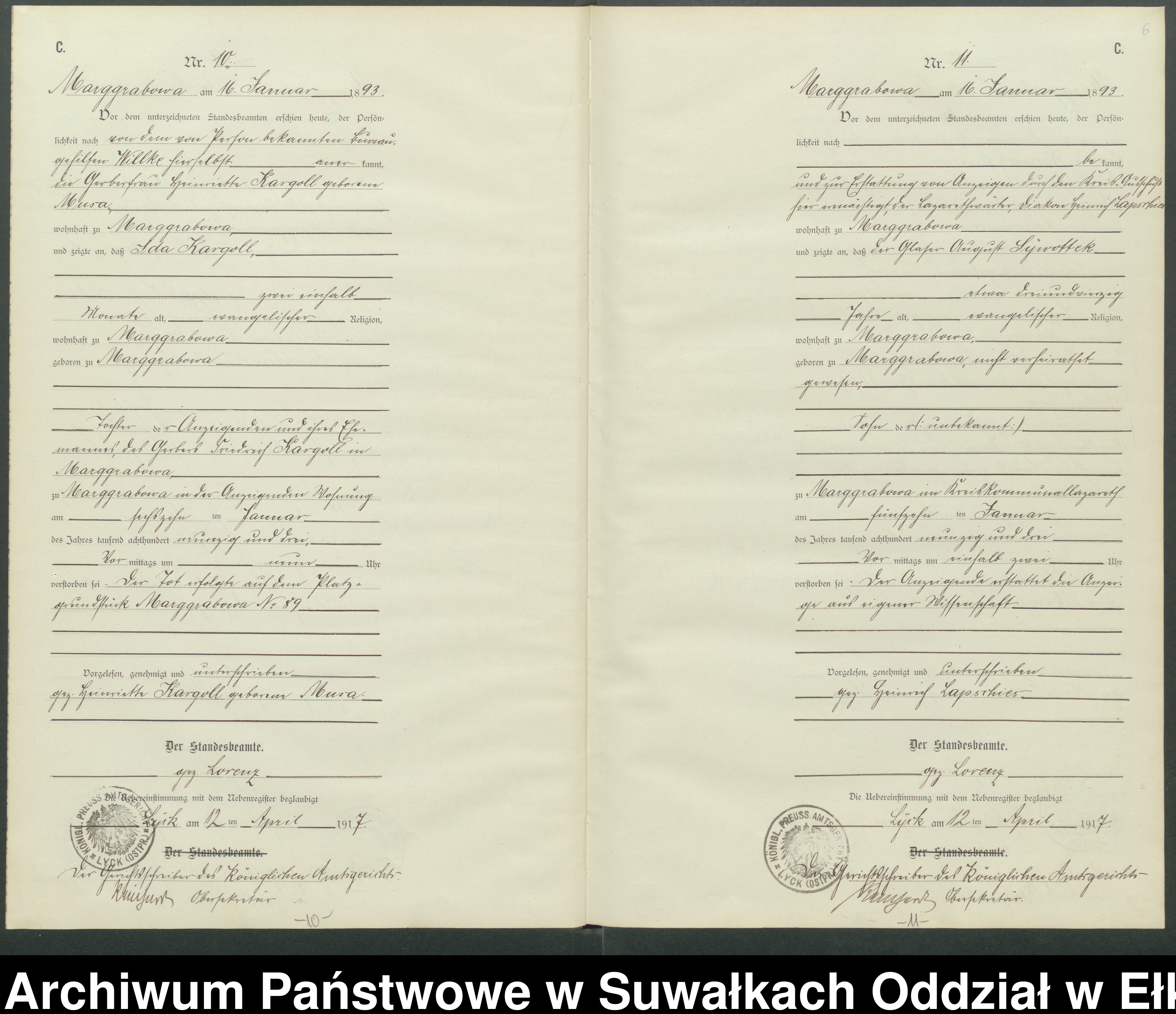 Skan z jednostki: C1.Sterbe-Register [Haupt-Register] Standesamt Stadtgemeinde Marggrabowa Kreis Oletzko No.1 bis.116