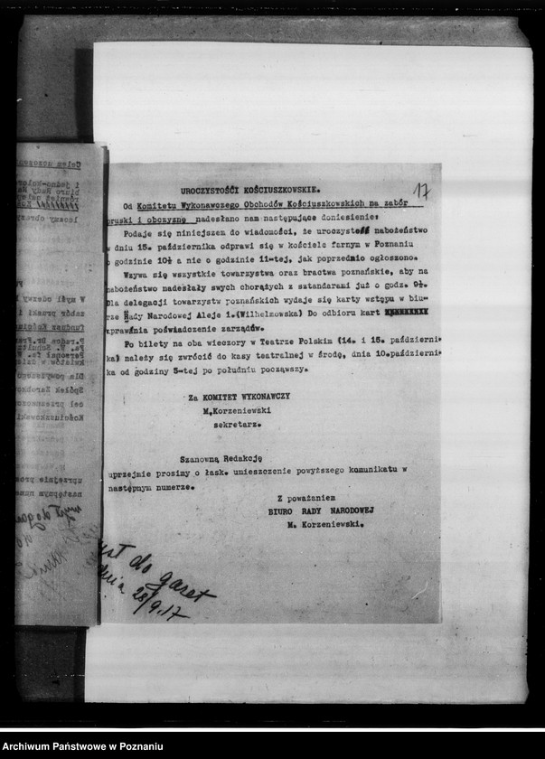 Obraz 20 z jednostki "Potwierdzenie otrzymanych składek pieniężnych na fundusz Kościuszkowski i inne komunikaty związane z funduszem [Wycinki prasowe]"