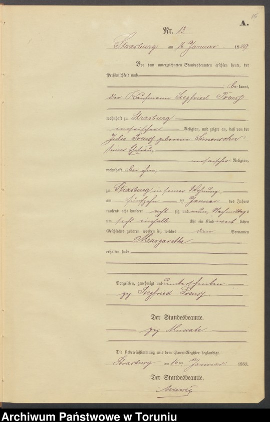 image.from.unit.number "Geburts-Neben-Register Strasburg W/Pr. für das Jahr 1889"