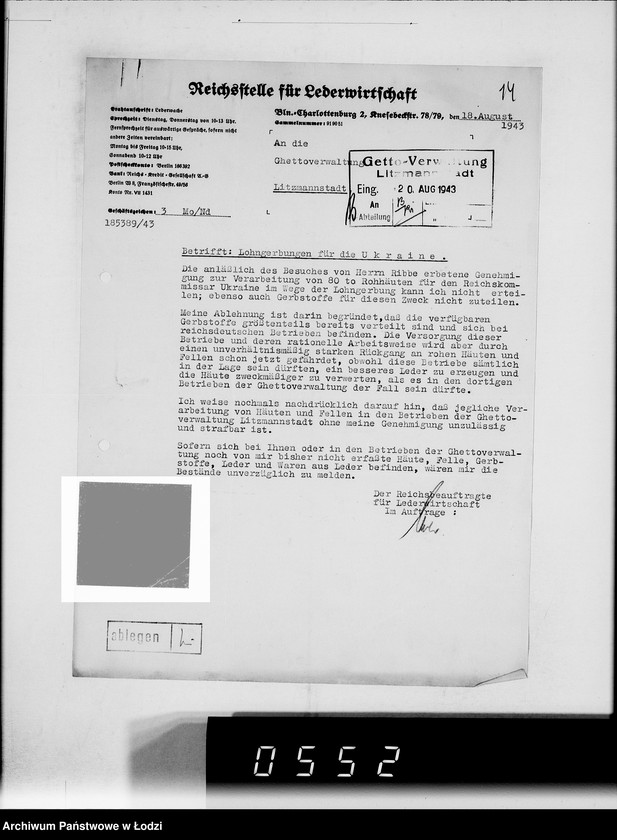 Obraz 18 z jednostki "Reichskommisar Ukraine. [Korespondencja w sprawie realizacji zamówień dla Ukraine Lederindustrie G.m.b.H w Równem]"