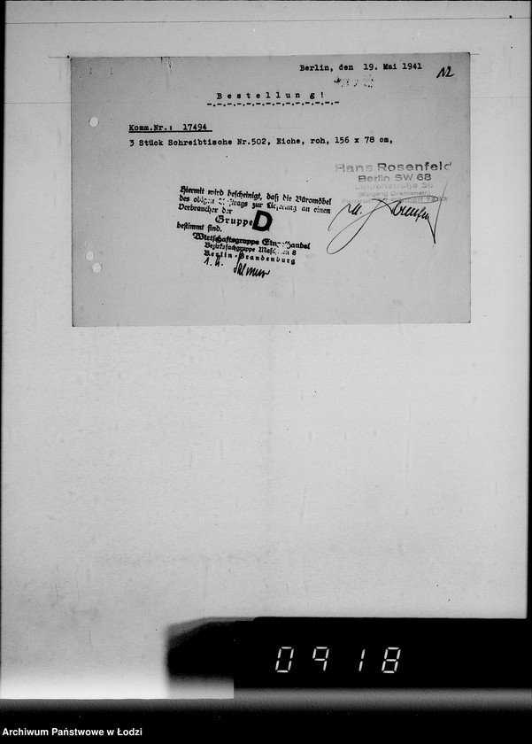 Obraz 16 z jednostki "Korrespondenz Firma Hans Rosenfeld-Büromebel mit Getto-Verwaltung betr.Büromebel"