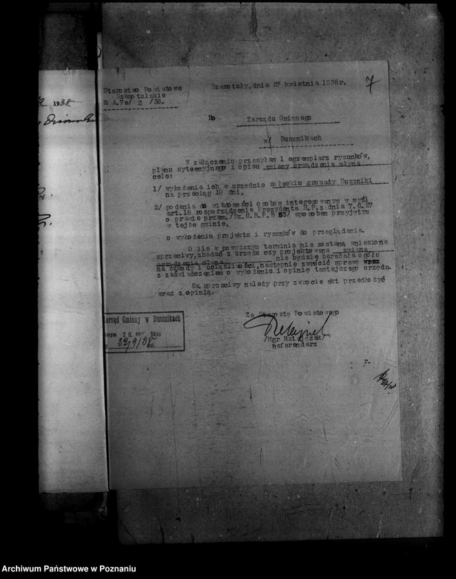 Obraz 11 z jednostki "Zatwierdzenie projektu zmiany zakładu przemysłowego /młyna motorowego/ w Dusznikach powiat szamotulski"