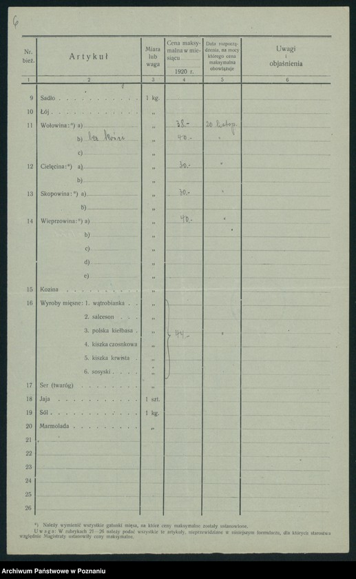 Obraz 8 z jednostki "[Wykazy urzędowo ustanowionych cen maksymalnych na artykuły pierwszej potrzeby na terenie Województwa Poznańskiego za miesiąc grudzień 1920 roku]"