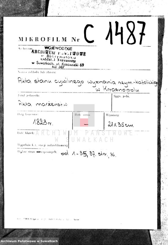 image.from.unit.number "Akta Zaślubionych Gminy Krasnopolskiey R-ku 1823. Powiat Seyneński. Województwo Augstowskie."