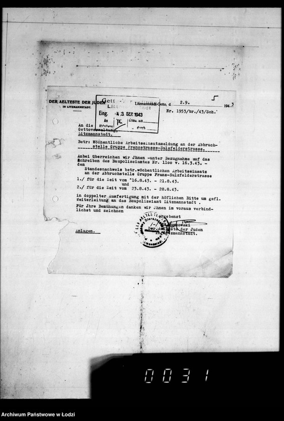 Obraz 9 z jednostki "Abbrüche im Getto. [Korespondencja w sprawie rozbiórki domów w Getcie, miesięczne zestawienia wykonanych prac, wykazy zatrudnionych przy pracach rozbiórkowych]"