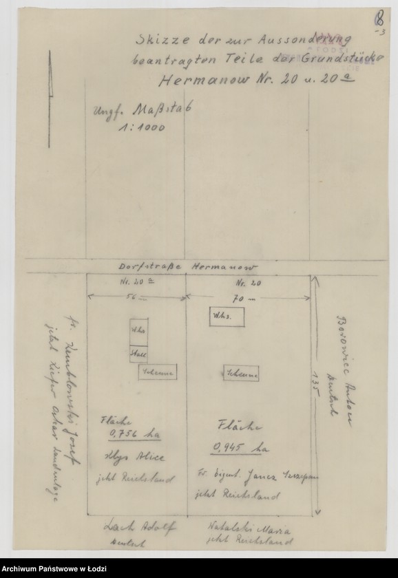 image.from.unit.number "Skizze der zur Aussonderung beantragten Teile der Grundstücke Hermanow Nummer 20 und 20a"