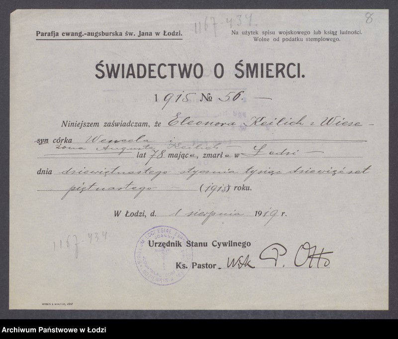 Obraz 10 z jednostki "Dowody metrykalne stałych mieszkańców m. Łodzi nr domu 1167-1168"