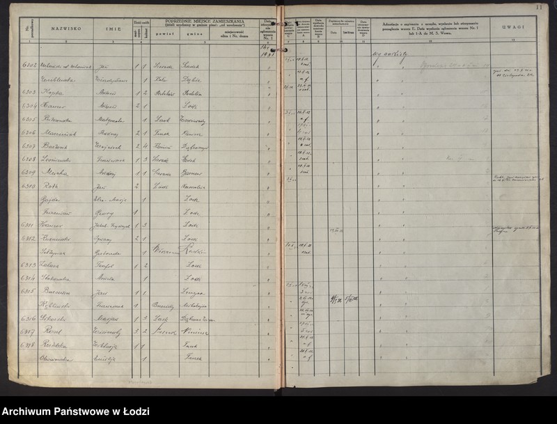 Obraz 14 z jednostki "Księga kontroli ruchu ludności (rejestr osób przybywających do gminy) Łódź, komisariat IV, ks. III, nr 6150-9390"