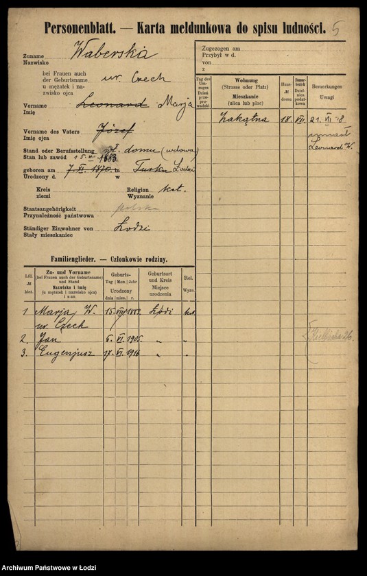 Obraz 7 z jednostki "[Spis ludności Łodzi] Wabdanowski - Wagman"