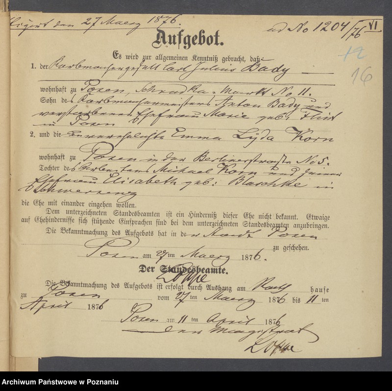 Obraz 18 z jednostki "Die von den Verlobten beigebrachten Urkunden zur Eheschliessung pro 1876"