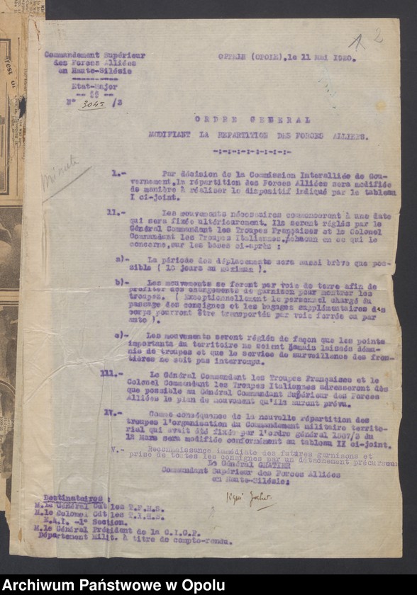 Obraz z jednostki "Sorties /Korespondencja własna wychodząca, pisma, zarządzenia, potwierdzenia telefoniczne dotyczące sytuacji dyslokacji i wyszkolenia wojsk sprzymierzonych na Górnym Śląsku/ 11.05.- 9.07.1920"