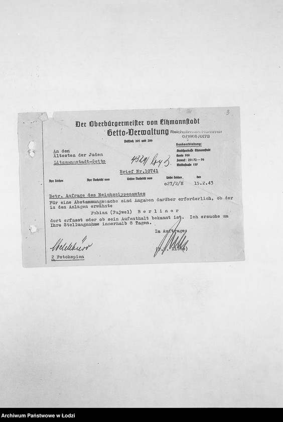 Obraz 6 z jednostki "[Korespondencja PSŻ z GV, z instytucjami i firmami niemieckimi w sprawie informacji o mieszkańcach getta: ich adresach, majątku, narodowości itp. – w związku z rentami i wierzytelnościami]"