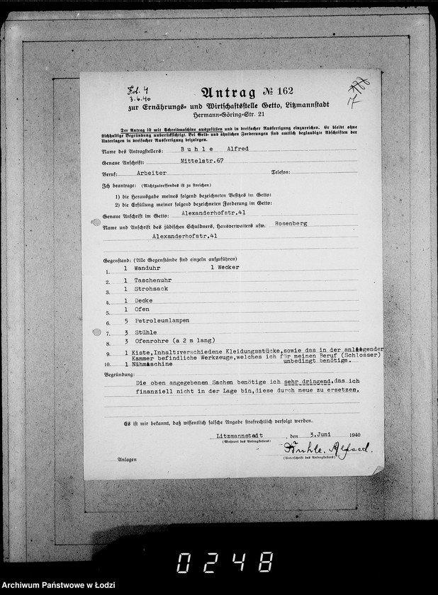 Obraz 11 z jednostki "161-195 [Wnioski ludności nieżydowskiej wysiedlonej z Getta o zwrot rzeczy pozostawionych w dawnym miejscu zamieszkania]"