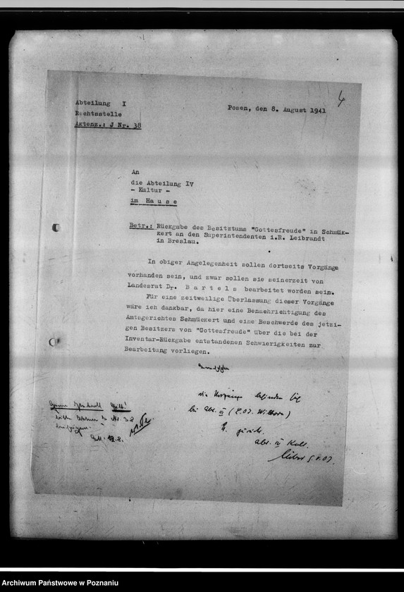 Obraz 8 z jednostki "Rückgabe des Besitztums "Gottesfreude" in Schmäkert an den Superintendenten i.R. Leibrandt in Breslau."