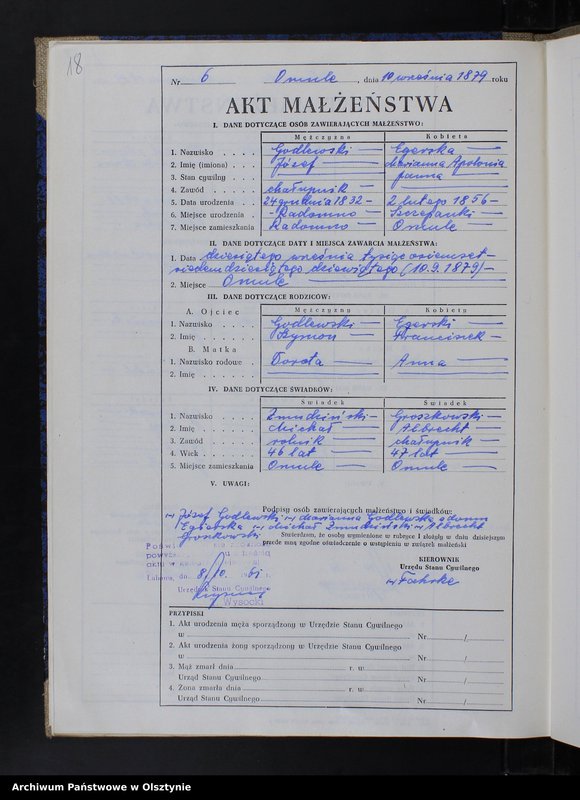 Obraz 20 z jednostki "Księga małżeństw Nr 1 - 12,1 - 9,1 - 15,1 - 12,1 - 17 i 1 - 15 /brak lat 1880 - 1882/ /przepisana w języku polskim z oryginału niemieckiego w dniach 8.10.-11.10.1961/"