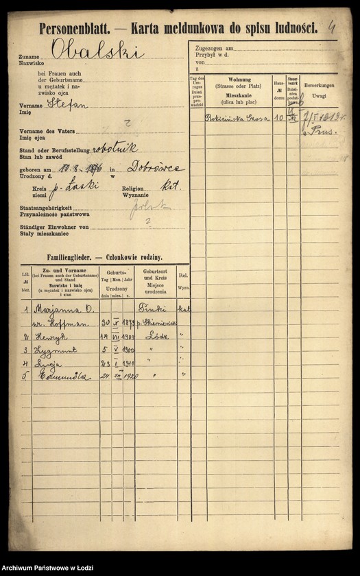 Obraz 6 z jednostki "[Spis ludności Łodzi] Obalska-Ochocki"