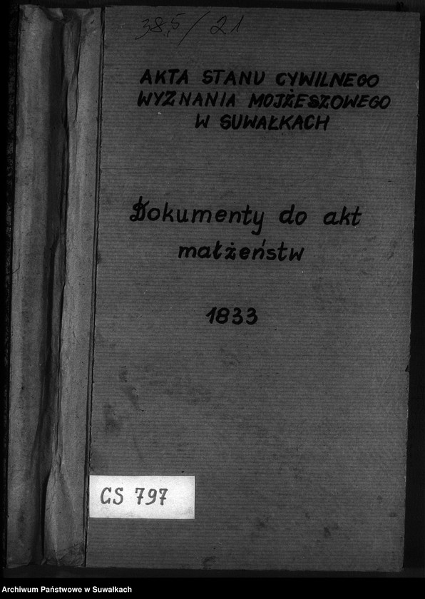 image.from.unit.number "Dowody do Akt Zaślubionych osób Wyznania Mojżeszowego przez Urzędnika Stanu Cywilnego Okręgu Suwalskiego w roku 1833 utrzymywanych"